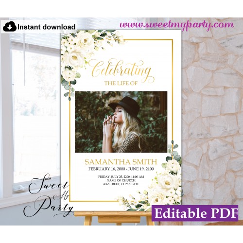 Ivory Roses Funeral Welcome Sign, Funeral Welcome Poster, (123)